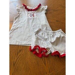 Zucchini Kids Girls Blue White Striped Smocked Fish Ruffle Short Set Size 6